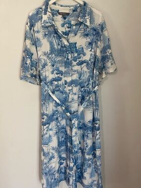 Ulla Popken Shirt Dress White Blue Scenic Floral 3xl 24/26